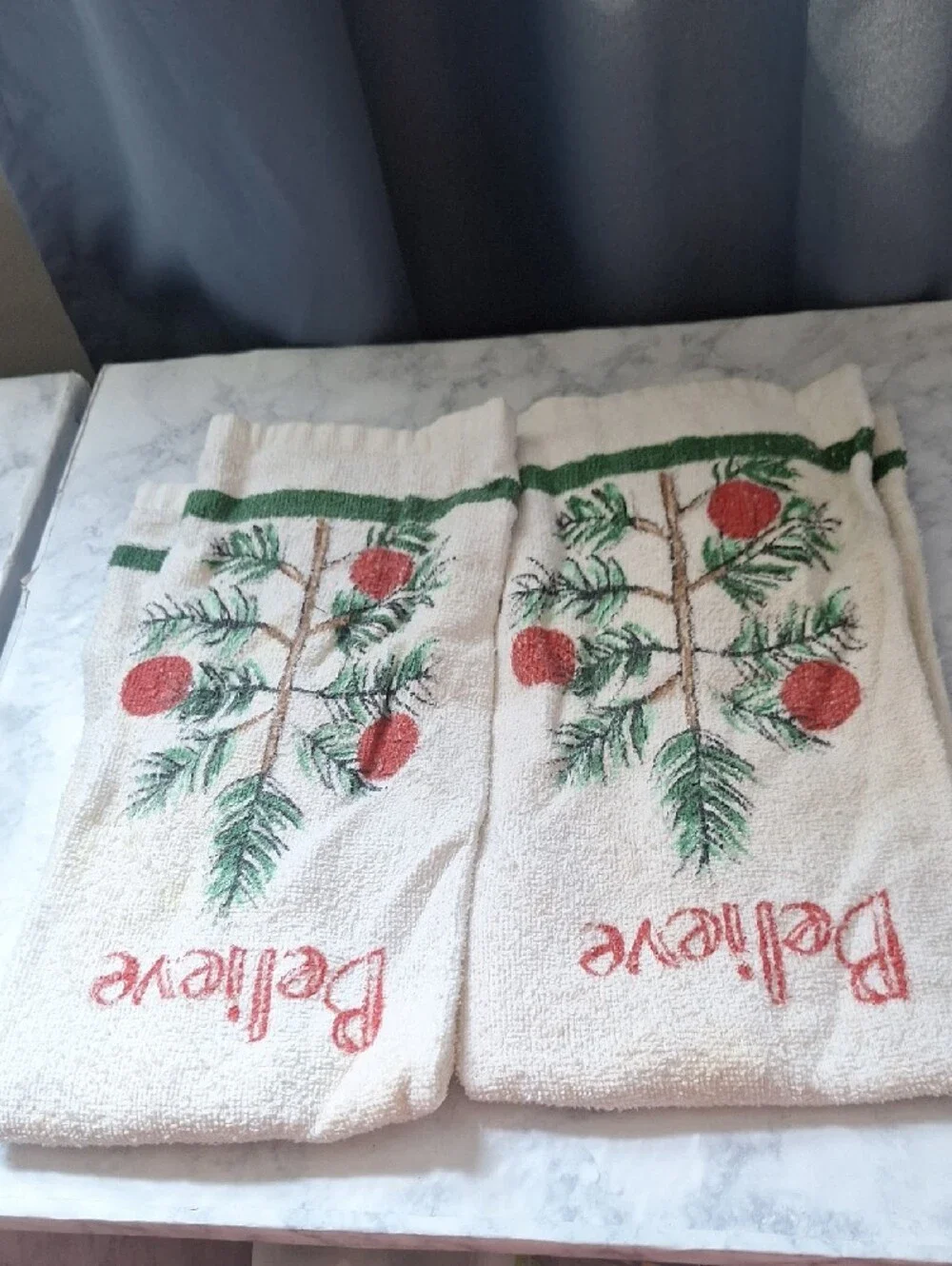 Believe Holiday Decorative Kitchen Towels - Cream with Red and Green